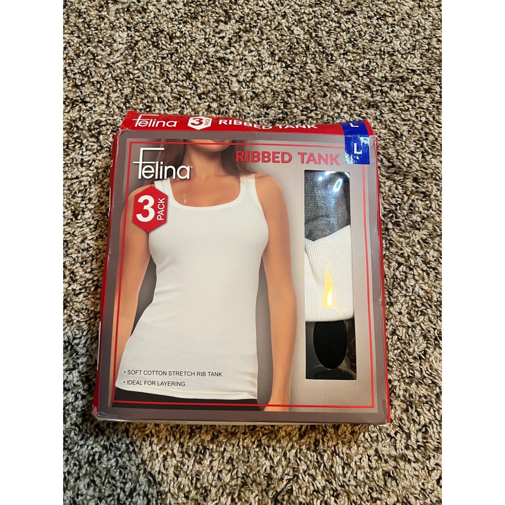 Felina Womens‎ 3 Pack Ribbed Tank Tops Cotton Stretch Scoop Neck C6923 Large NIB